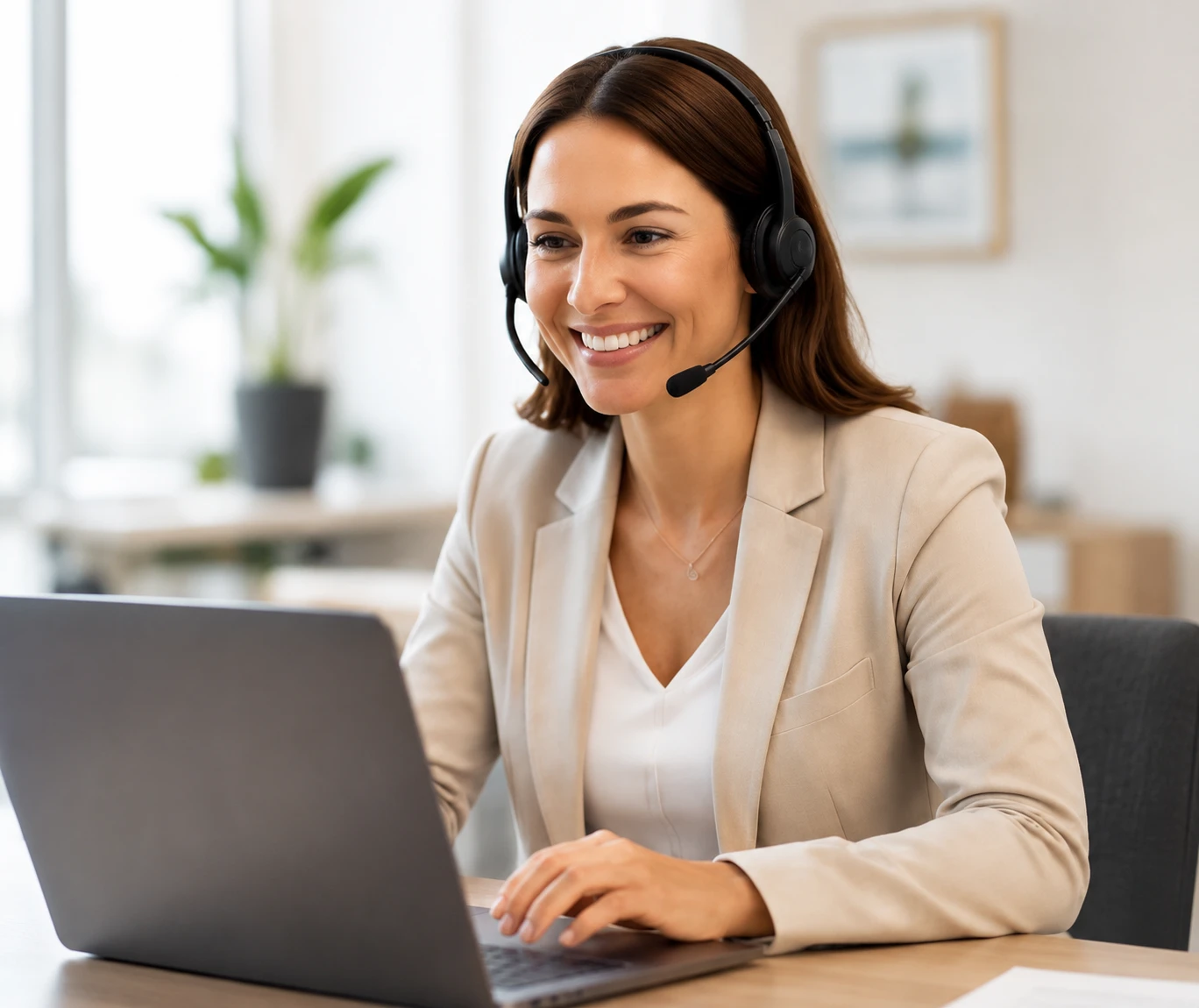 HR-Beraterin mit Headset am Laptop